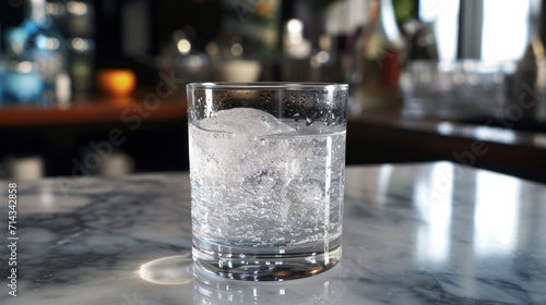  a close up of a glass of water on a table with a lot of liquor bottles in the backgrouf of the room and a bar in the background.