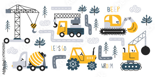 Collection of cute construction vehicles. Kids vector set with tractor, truck, concrete mixer, excavator, road wear and lettering. Set of cars in Scandinavian style. Doodle style diggers. White bg.