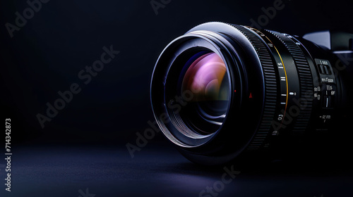  a close up of a camera lens on a dark background with a reflection of the lens on the lens and the lens cap on the lens body of the camera. © Anna