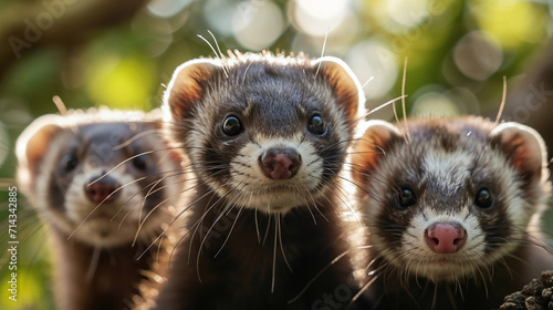 ferrets in a natural setting, showcasing their delicate features and playful expressions. The scene is set outdoors with soft, natural lighting highlighting the intricate textures of their fur
