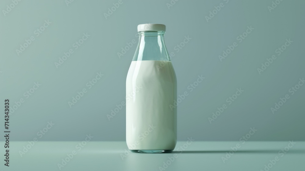 a bottle of milk sitting on a table with a light green wall behind it and a light green wall behind it and a light green wall behind the bottle of milk. a bottle of milk sitting on a table with a light green wall behind it and a light green wall behind it and a light green wall behind the bottle of milk.