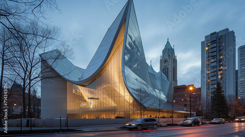modern cathedral with sleek, minimalist design and large glass panels, reflecting the surrounding cityscape in a bustling urban setting at twilight