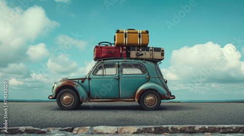 Vintage Car With Luggage on Roof Rack  Nostalgic Travel Adventure