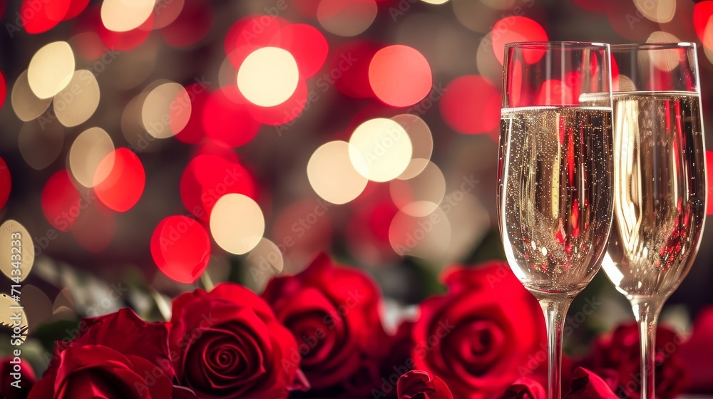 Two Glasses of Champagne With Red Roses in the Background Two Glasses of Champagne With Red Roses in the Background