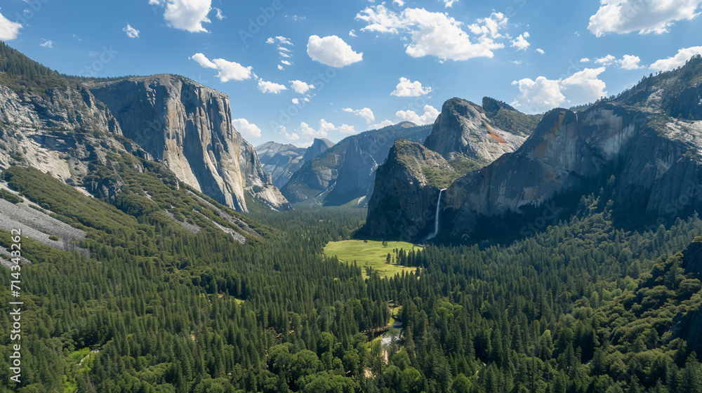 Yosemite National Park featuring El Capitan and Half Dome, with lush greenery, flowing waterfalls, and the Merced River, in sharp