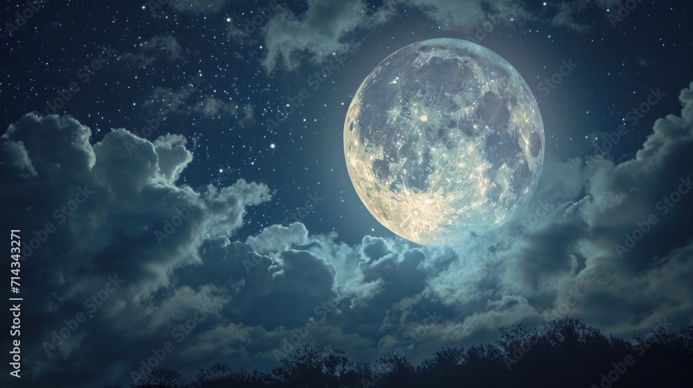  a full moon in the sky with clouds and trees in the foreground, and a dark blue sky with stars and clouds, and a dark blue sky with a few white clouds.