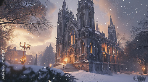 Neo-Gothic cathedral with flying buttresses and gargoyles, set in a winter landscape with snowflakes gently falling in the soft evening light photo