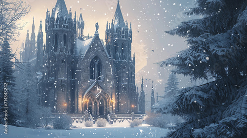 Neo-Gothic cathedral with flying buttresses and gargoyles, set in a winter landscape with snowflakes gently falling in the soft evening light