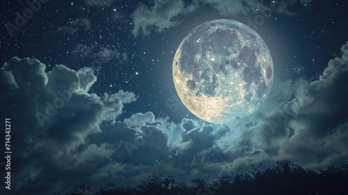  a full moon in the sky with clouds and trees in the foreground, and a dark blue sky with stars and clouds, and a dark blue sky with a few white clouds.