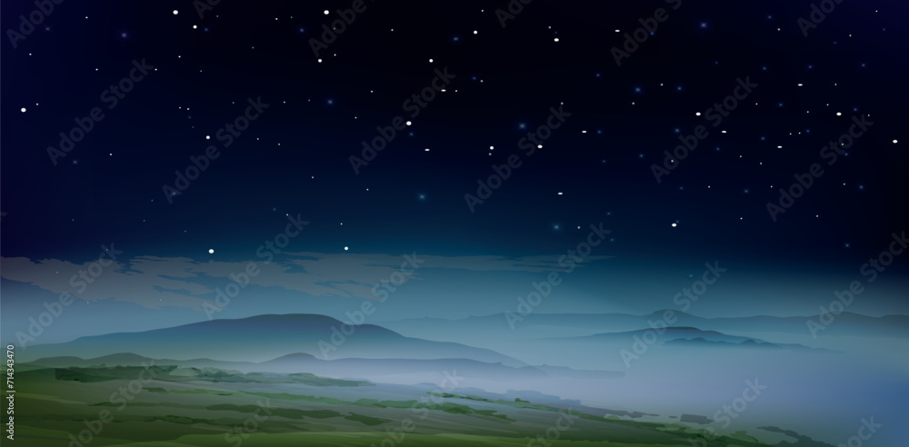 Starry night abstract background. Watercolor textured vector banner. 