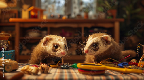 ferrets in a domestic setting, interacting with various toys and objects. The focus is on their expressions of curiosity and playfulness, with sharp details of their fur and eyes