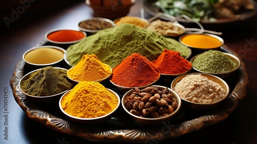 Colorful assortment of spices and herbs with vibrant lighting and dynamic textures