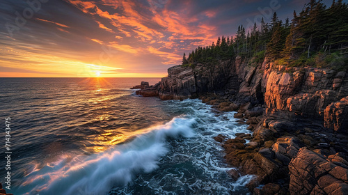 Acadia National Park at sunset, with rugged cliffs, crashing waves, and a vibrant sky