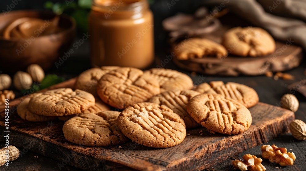 a pile of peanut butter cookies sitting on top of a wooden cutting board next to a jar of peanut butter next to a pile of peanuts and a jar of peanut butter. a pile of peanut butter cookies sitting on top of a wooden cutting board next to a jar of peanut butter next to a pile of peanuts and a jar of peanut butter.