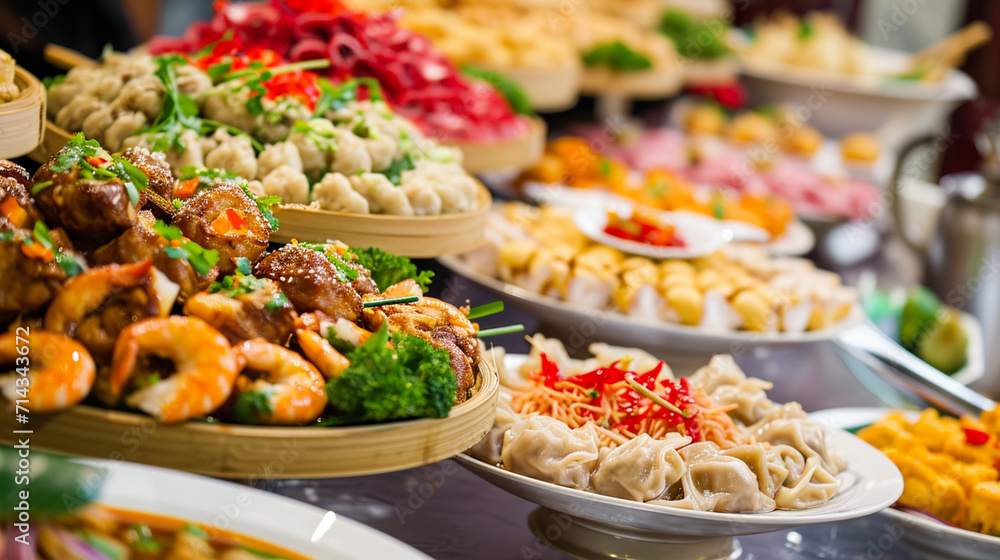 Obraz premium Top view. Chinese restaurant concept. Asian style banquet. Ai Generative