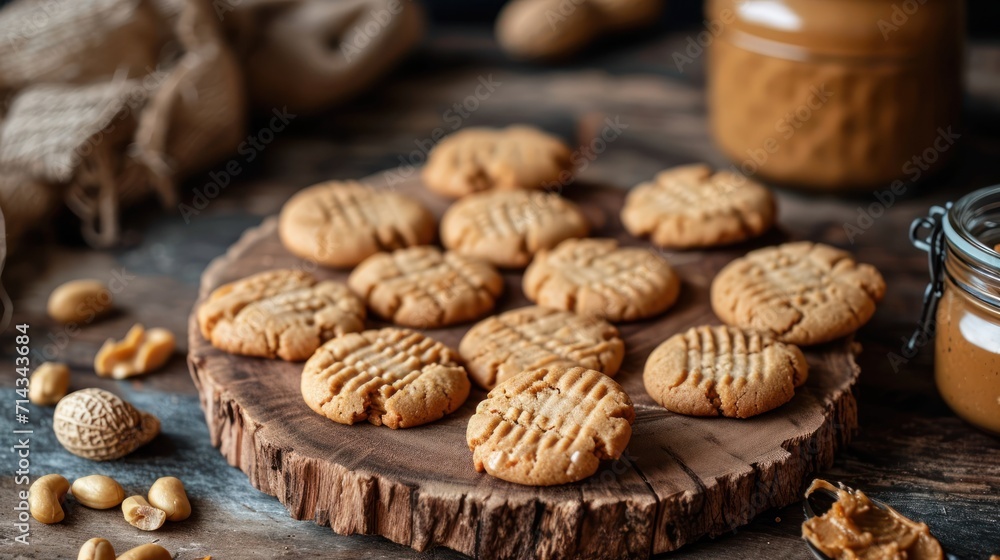 peanut butter cookies sitting on top of a wooden table next to a jar of peanut butter and a jar of peanut butter on top of a wooden slab of wood. peanut butter cookies sitting on top of a wooden table next to a jar of peanut butter and a jar of peanut butter on top of a wooden slab of wood.