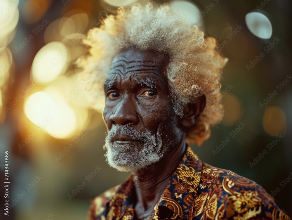 Photorealistic Old Black Man with Blond Curly Hair vintage Illustration. Portrait of a person in 1970s era aesthetics. Disco fashion. Historic photo Ai Generated Horizontal Illustration.
