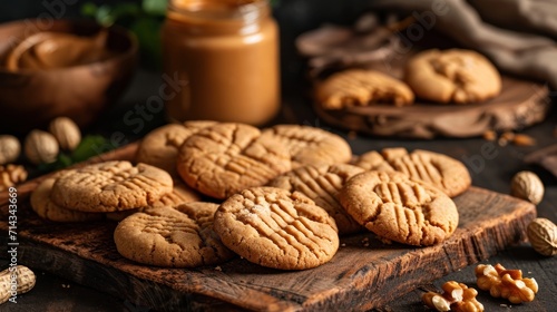 a pile of peanut butter cookies sitting on top of a wooden cutting board next to a jar of peanut butter next to a pile of peanuts and a jar of peanut butter.