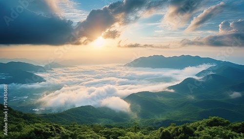 View of the sea of clouds from the top of the mountain peak. Tropical green forest  falling leaves with the vibrant morning reflection of the sunrise.