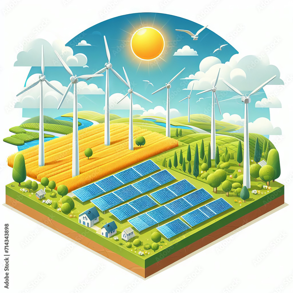 Illustration of solar panels and wind generators on a piece of land