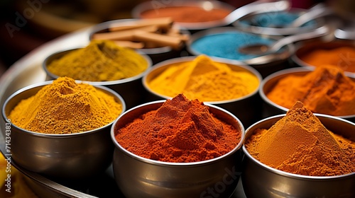 Fototapeta Naklejka Na Ścianę i Meble -  Close up of vibrant spices and herbs capturing vivid hues and textures with dynamic lighting.