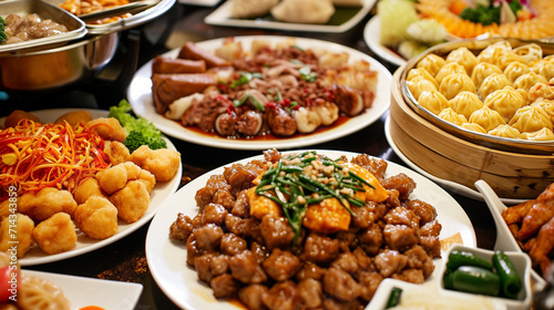 Assorted Chinese food set. top view. Ai Generative photo
