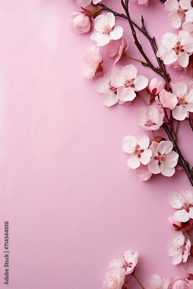 Branch of cherry blossoms on pink background. Spring pastel motif in flat lay style. Springtime, easter and nature concept. Design for frame, greeting card, templates and invitations. With copy space.