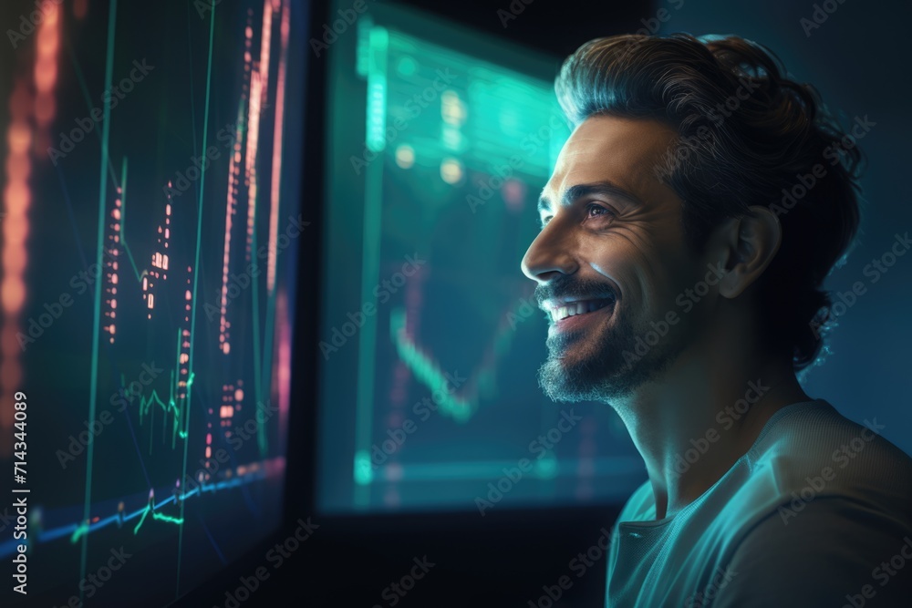 Stock or forex trader by the screen with charts. Happy smiling businessman. Wall Street. AI Generated