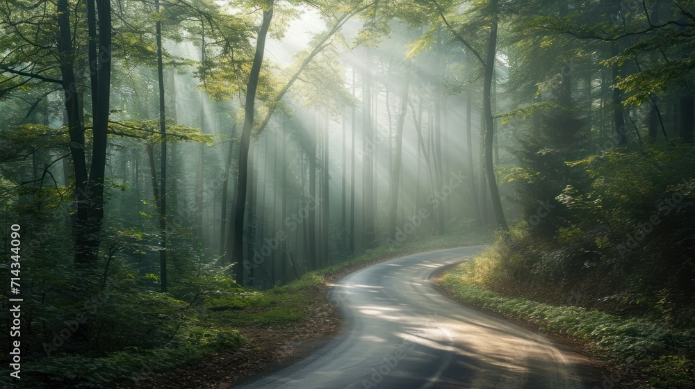  a winding road in the middle of a forest with sunbeams shining down on the trees and the road is surrounded by tall, green, leafy trees.