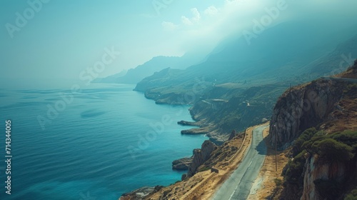  an aerial view of a road on a cliff overlooking a body of water with a cliff on the side of the road and a cliff on the other side of the road.
