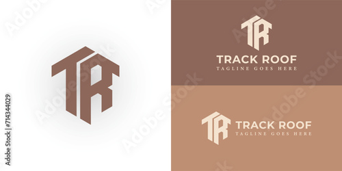 Abstract TR initial letters looping linked hexagon monogram logo in brown color presented with multiple background colors. The logo is suitable for a roofing company logo design inspiration template