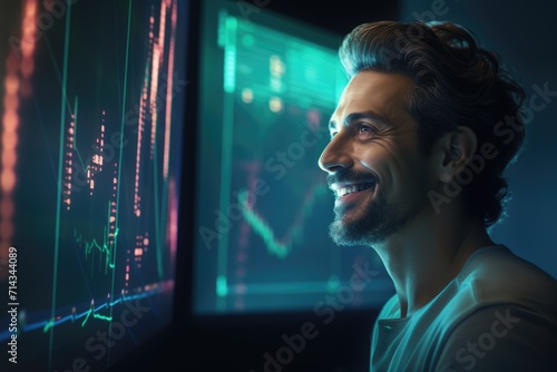 Stock or forex trader by the screen with charts. Happy smiling businessman. Wall Street. AI Generated © EarthWalker