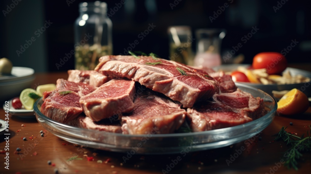 Juicy meat dish. Beef or pork ribs, bbq chicken or turkey served on a plate. AI Generated