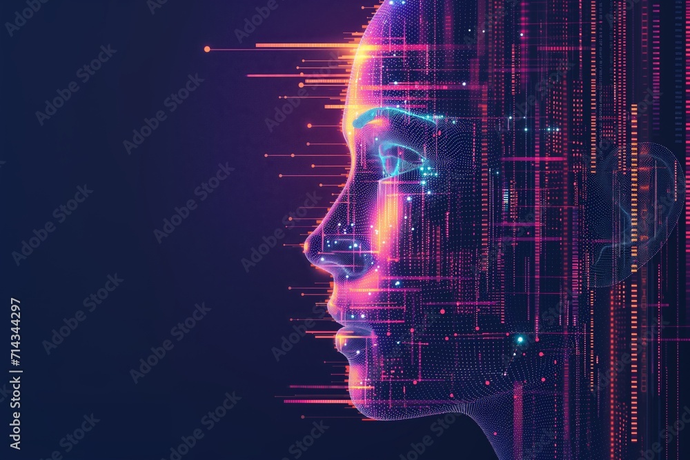Concept of Artificial Intelligence or AI, Human face made of dots and lines - AI Generated - obrazy, fototapety, plakaty 