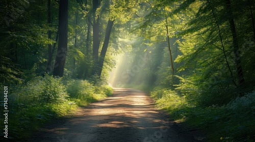  a dirt road in the middle of a forest with sunbeams shining through the trees on either side of the road is a dirt road surrounded by tall grass and trees. © Anna
