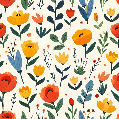 Image showcases a seamless pattern featuring a vibrant illustration of assorted wildflowers and foliage in various colors and shapes © Jorgarsan