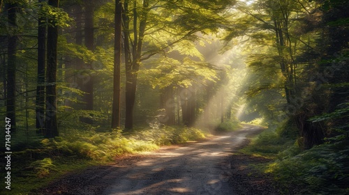  a dirt road in the middle of a forest with sunbeams shining through the trees on the other side of the road is a dirt road that runs through the woods.