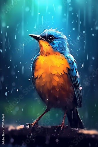 Vibrant blue and orange bird perched in rain © Hype2Art