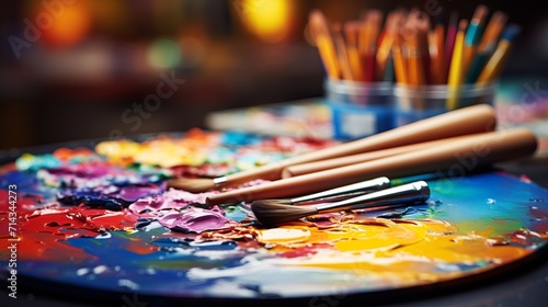 Vibrant palette and dynamic paintbrushes in bright studio lighting, with mixed colors and textures.