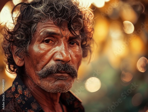 Photorealistic Old Indian Man with Brown Curly Hair vintage Illustration. Portrait of a person in 1970s era aesthetics. Disco fashion. Historic photo Ai Generated Horizontal Illustration.
