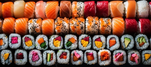 Vibrant and freshly arranged sushi rolls with elegant presentation and bright lighting