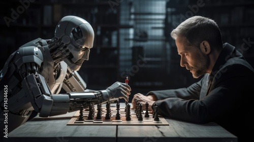 Artificial intelligence android vs human. Robot plays chess with a man. Rivalry, battle, fight. AI Generated photo