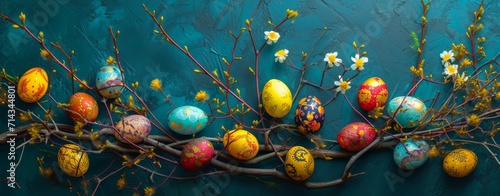 Colorful easter eggs on blue background. Happy Easter concept