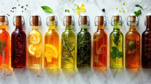  a row of bottles filled with different types of liquid and herbs on top of a marble counter top with leaves and flowers on top of the bottles are lined up in a row. photo