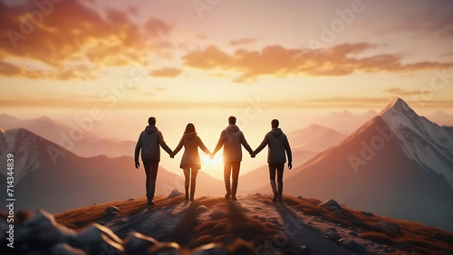 Panoramic view of team of people holding hands and helping each other reach the mountain top in spectacular mountain sunset landscape #714344839