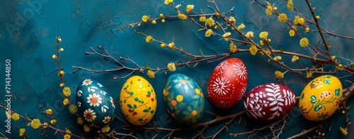 Colorful easter eggs on blue background. Happy Easter concept