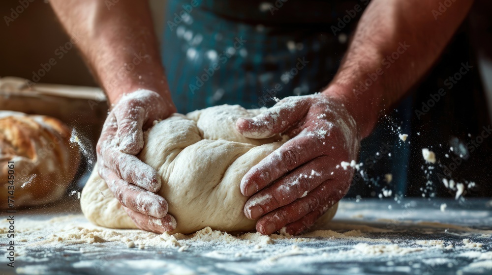  a close up of a person kneading a ball of dough on a table with other kneads in front of him and a loaf of bread in the background.