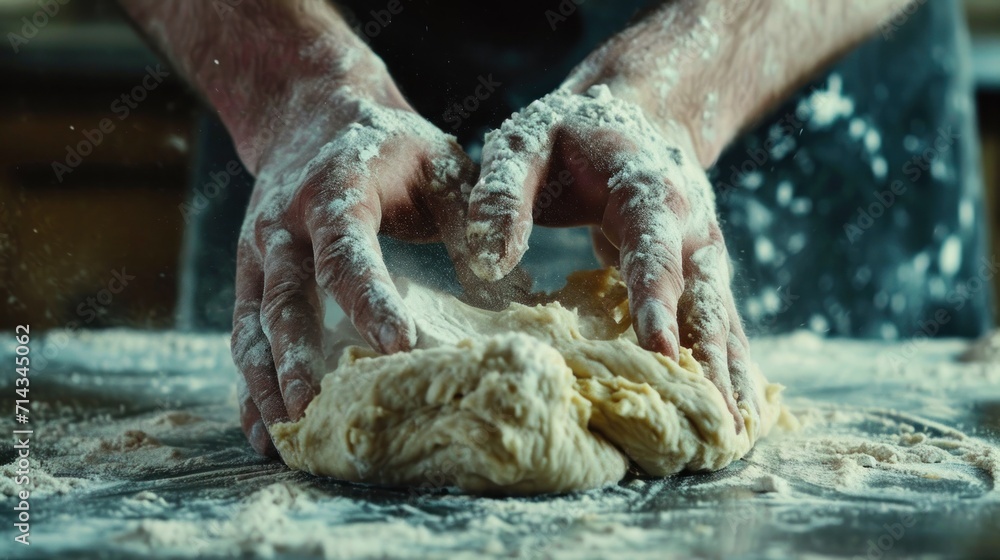 Fototapeta premium a close up of a person kneading dough on a table with flour on it and a pair of hands holding a doughnuts in the middle of the dough.