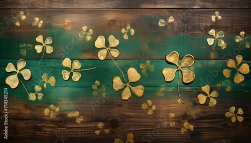 Rustic charm meets festive luck with golden and green shamrocks strewn across a vintage wooden background