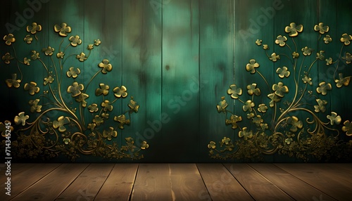 Rustic charm meets festive luck with golden and green shamrocks strewn across a vintage wooden background